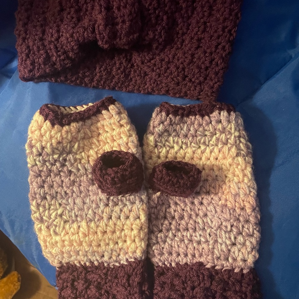 3 pc set ,hand warmers and head warmer purple and white